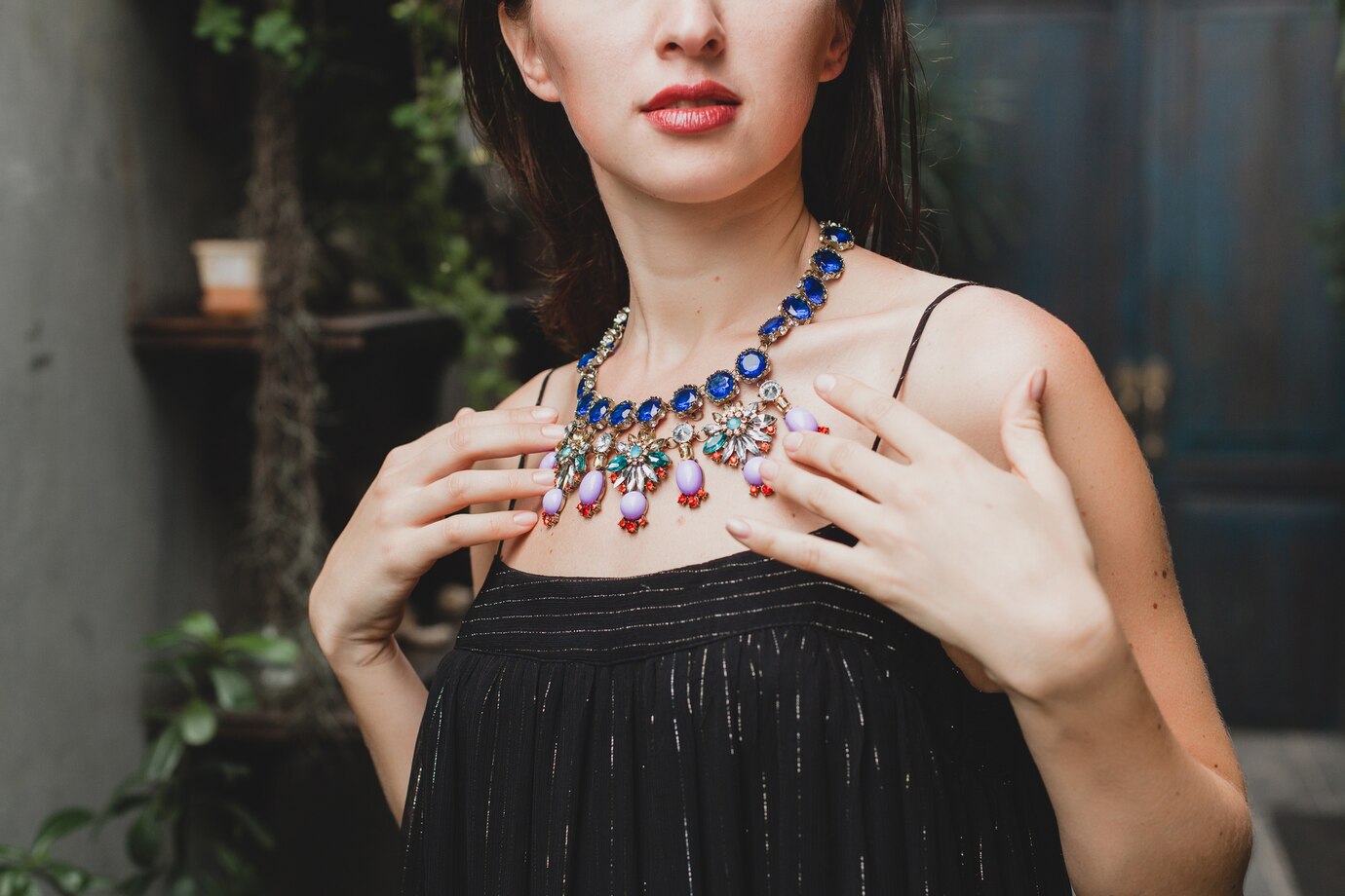close up details jewelry young attractive woman stylish black dress posing tropical villa sexy elegant summer style fashionable necklace accessories 285396 5718